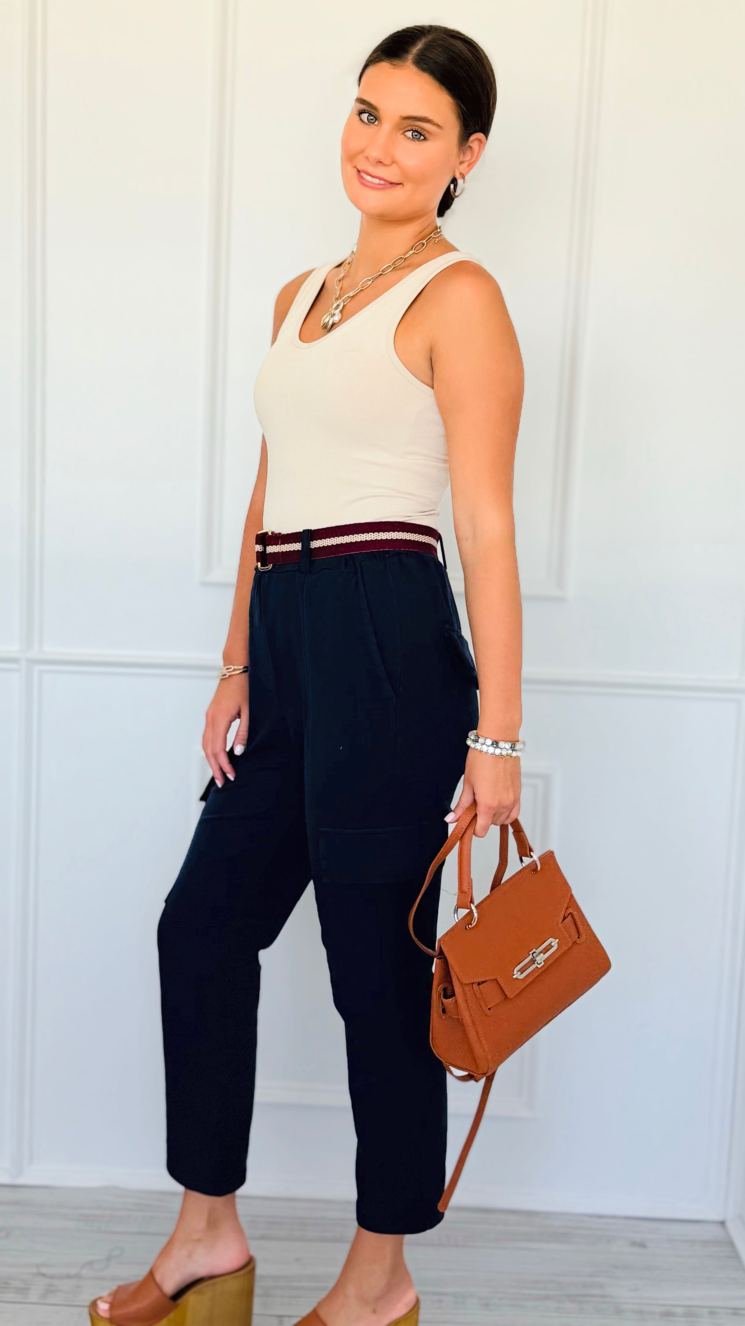 Trendy Belted Cargo Italian Jogger Pants- Navy-100 Pants-AZUL MONACO-Coastal Bloom Boutique, find the trendiest versions of the popular styles and looks Located in Indialantic, FL