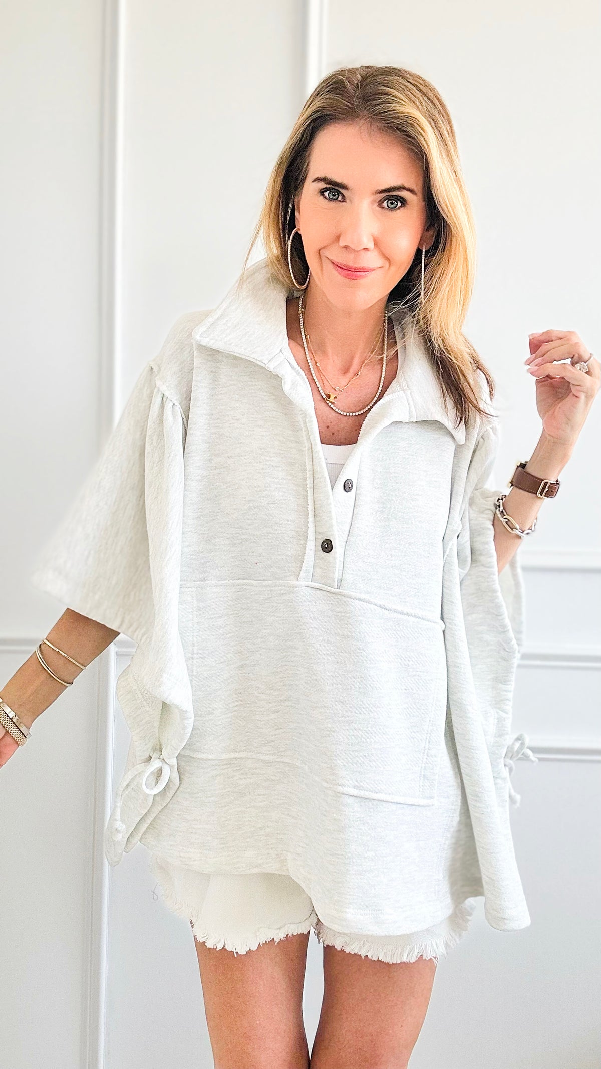 3/4 Drawstring Sleeves Oversized Top - Ash Grey-130 Long Sleeve Tops-BucketList-Coastal Bloom Boutique, find the trendiest versions of the popular styles and looks Located in Indialantic, FL