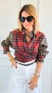 Rebel Ruffled Plaid & Leopard Italian Shirt-110 Long Sleeve Tops-TATTOO Z-Coastal Bloom Boutique, find the trendiest versions of the popular styles and looks Located in Indialantic, FL