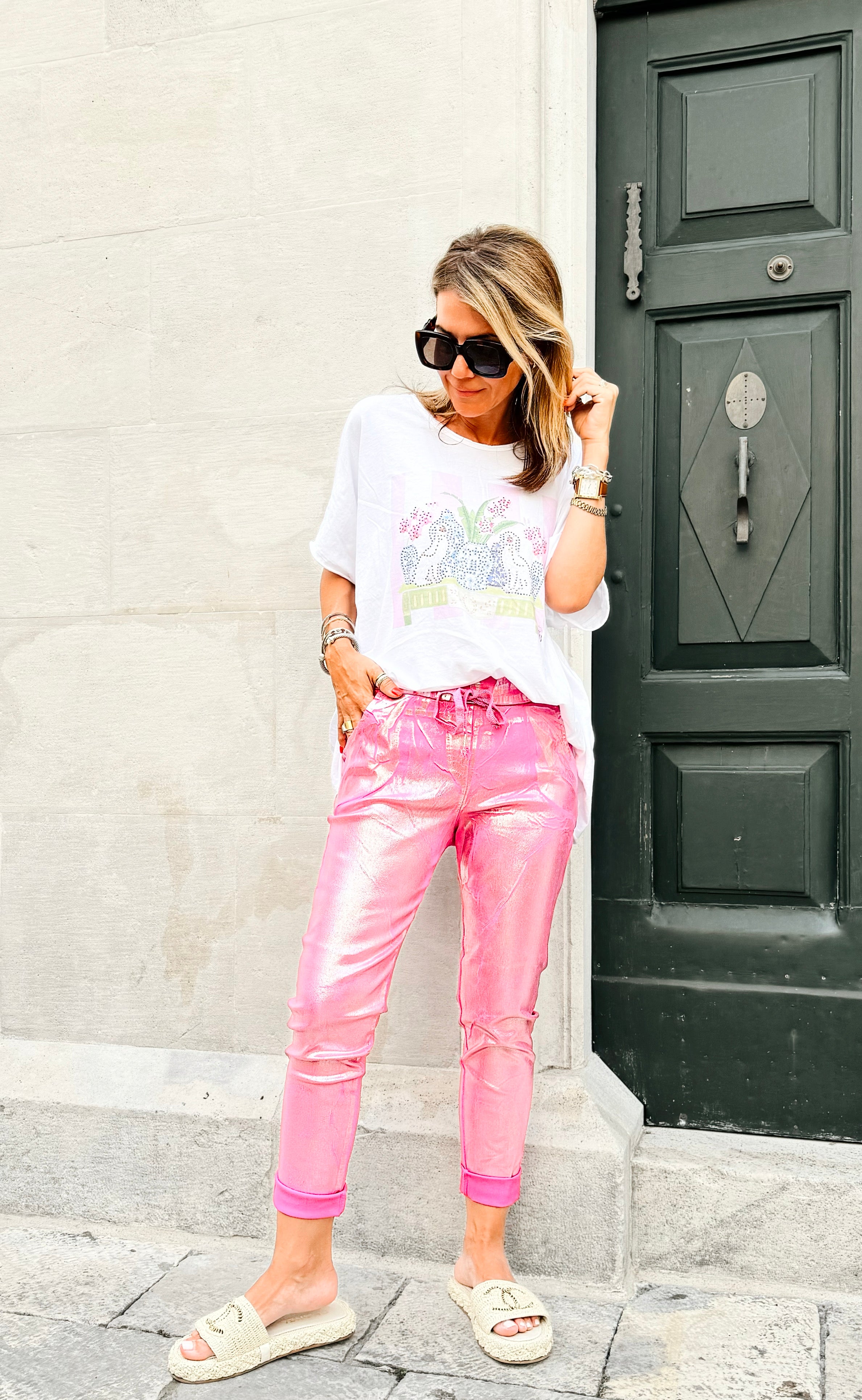 Shine-On Glistening Italian Joggers - Fuchsia/ Silver-180 Joggers-Italianissimo-Coastal Bloom Boutique, find the trendiest versions of the popular styles and looks Located in Indialantic, FL