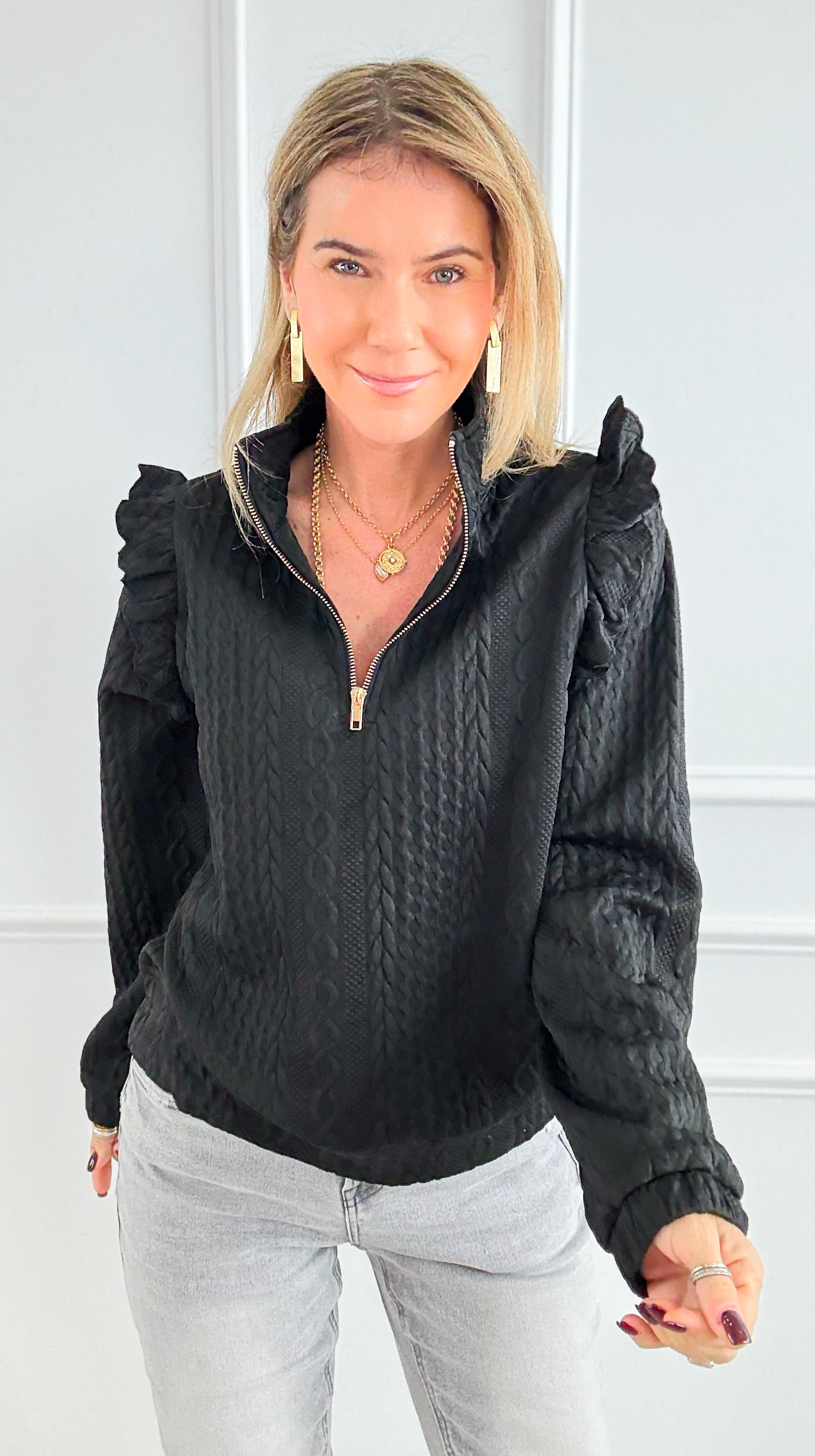 Cable Ruffle Half-Zip Knit Top - Black-130 Long Sleeve Tops-Umgee-Coastal Bloom Boutique, find the trendiest versions of the popular styles and looks Located in Indialantic, FL