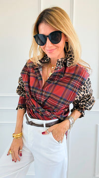 Rebel Ruffled Plaid & Leopard Italian Shirt-110 Long Sleeve Tops-TATTOO Z-Coastal Bloom Boutique, find the trendiest versions of the popular styles and looks Located in Indialantic, FL