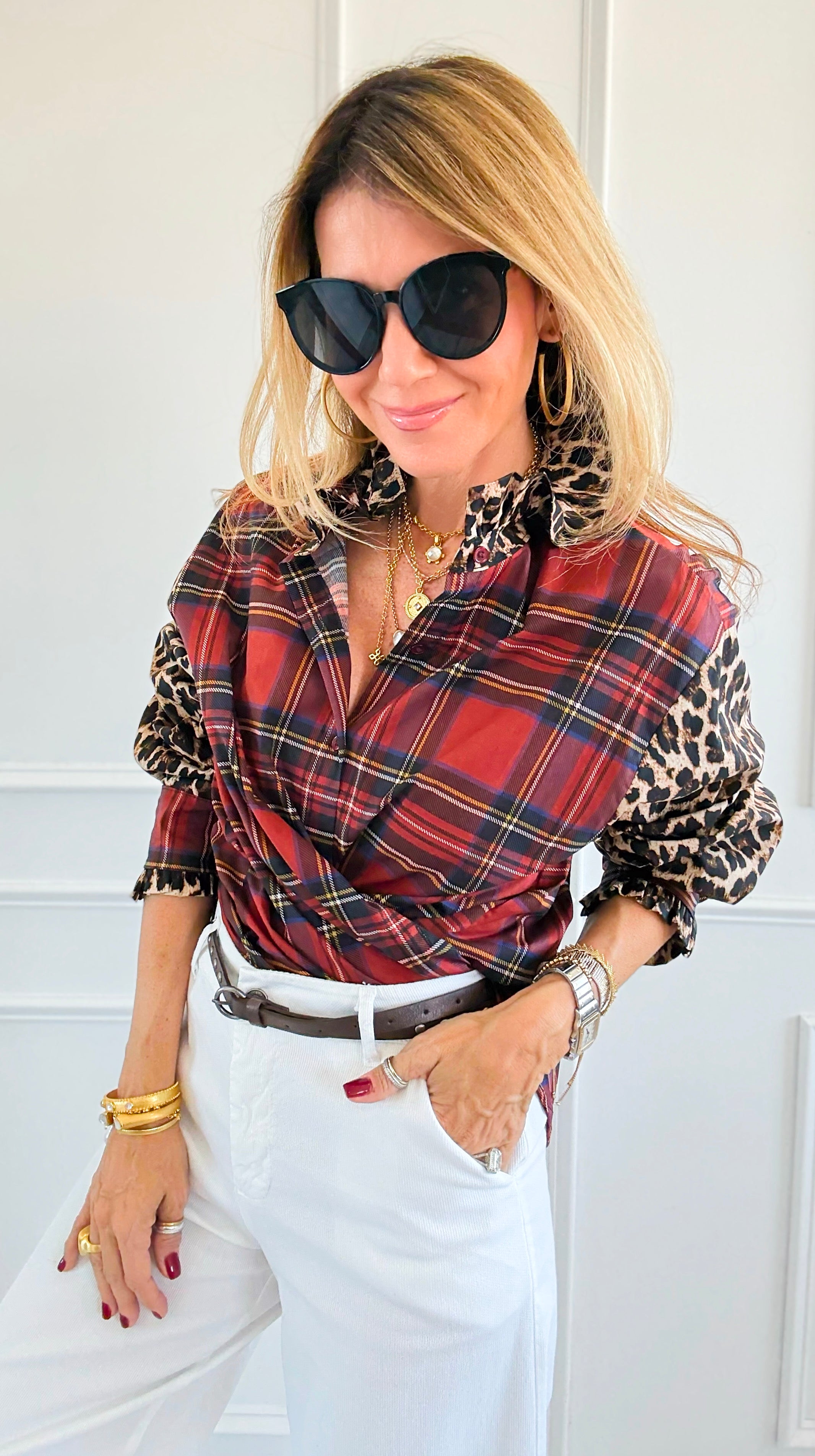 Rebel Ruffled Plaid & Leopard Italian Shirt-110 Long Sleeve Tops-TATTOO Z-Coastal Bloom Boutique, find the trendiest versions of the popular styles and looks Located in Indialantic, FL