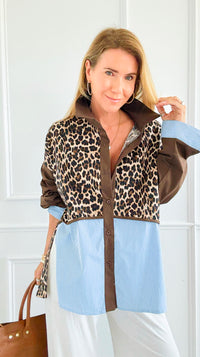 Leopard & Lines Button-Up Italian Blouse-110 Long Sleeve Tops-TATTOO Z-Coastal Bloom Boutique, find the trendiest versions of the popular styles and looks Located in Indialantic, FL