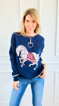Equestrian Parade Italian Sweater- Navy-140 Sweaters-K2-Coastal Bloom Boutique, find the trendiest versions of the popular styles and looks Located in Indialantic, FL