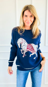 Equestrian Parade Italian Sweater- Navy-140 Sweaters-K2-Coastal Bloom Boutique, find the trendiest versions of the popular styles and looks Located in Indialantic, FL