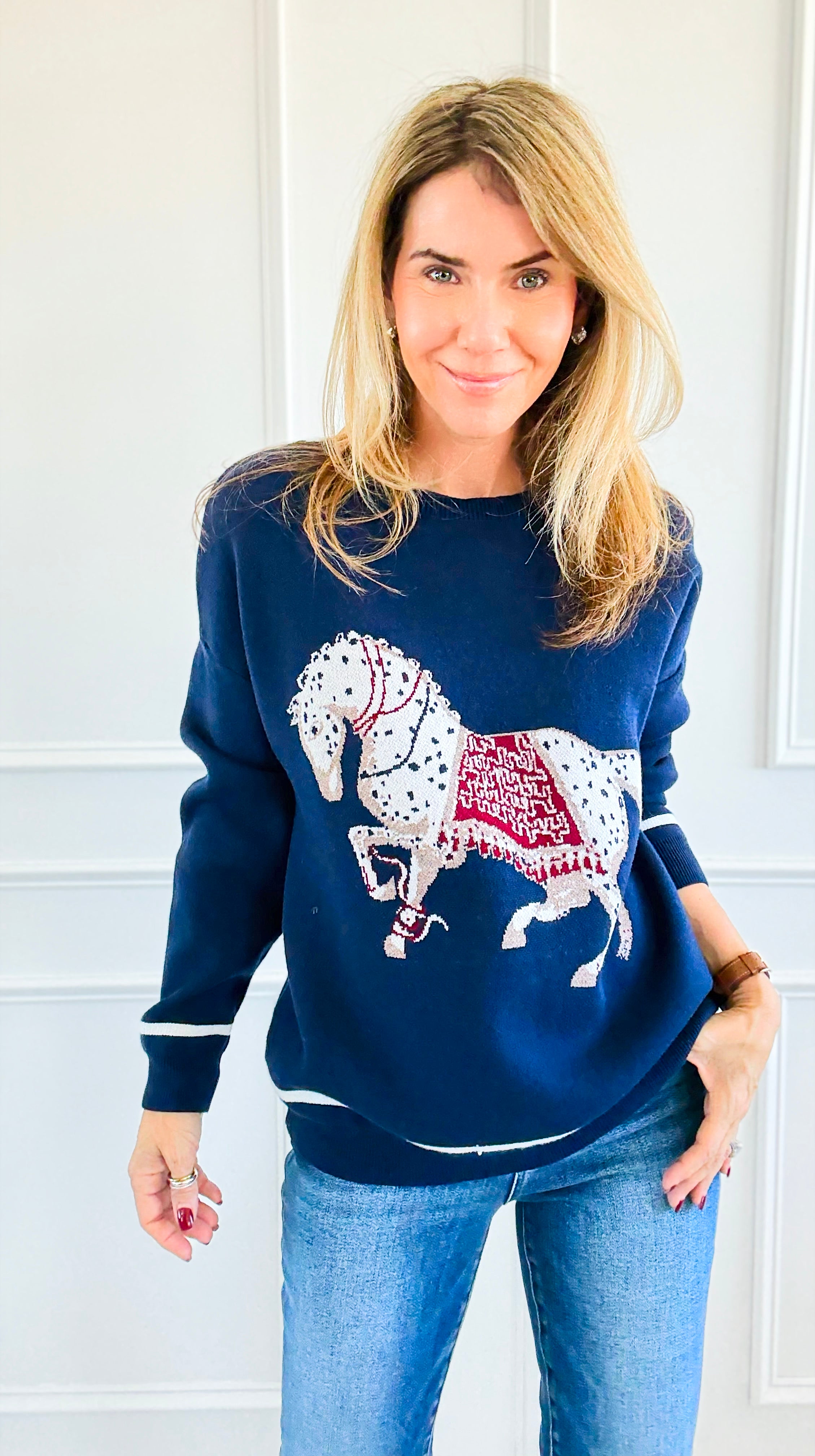 Equestrian Parade Italian Sweater- Navy-140 Sweaters-K2-Coastal Bloom Boutique, find the trendiest versions of the popular styles and looks Located in Indialantic, FL