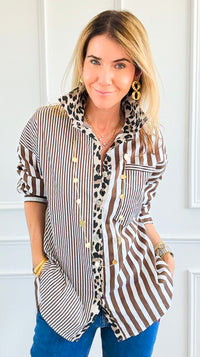 Stripe & Leopard Trim Italian Woven Blouse-110 Long Sleeve Tops-AMIRA-Coastal Bloom Boutique, find the trendiest versions of the popular styles and looks Located in Indialantic, FL