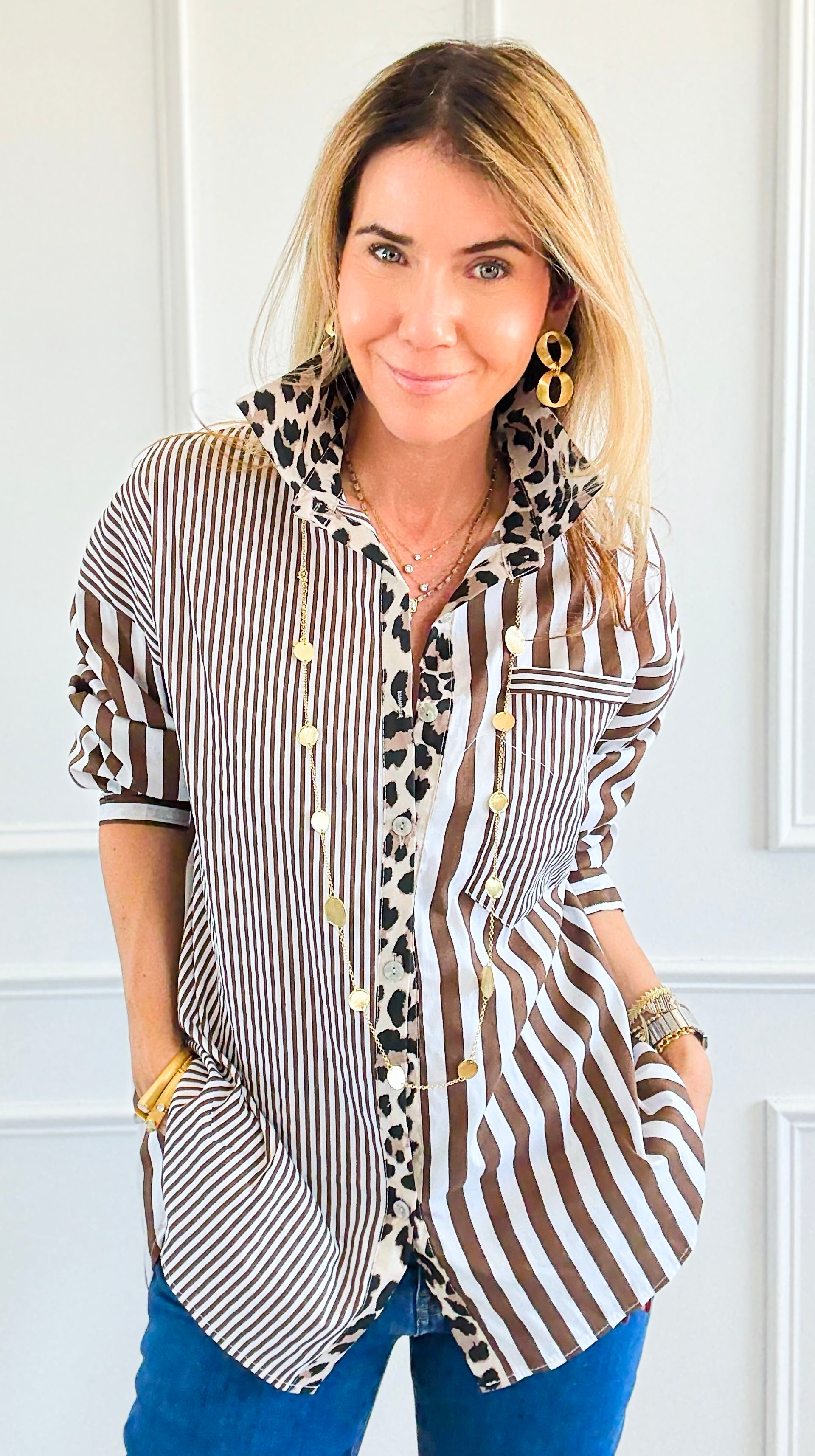 Stripe & Leopard Trim Italian Woven Blouse-110 Long Sleeve Tops-AMIRA-Coastal Bloom Boutique, find the trendiest versions of the popular styles and looks Located in Indialantic, FL