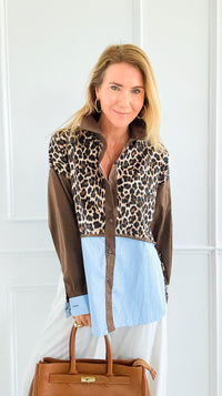 Leopard & Lines Button-Up Italian Blouse-110 Long Sleeve Tops-TATTOO Z-Coastal Bloom Boutique, find the trendiest versions of the popular styles and looks Located in Indialantic, FL
