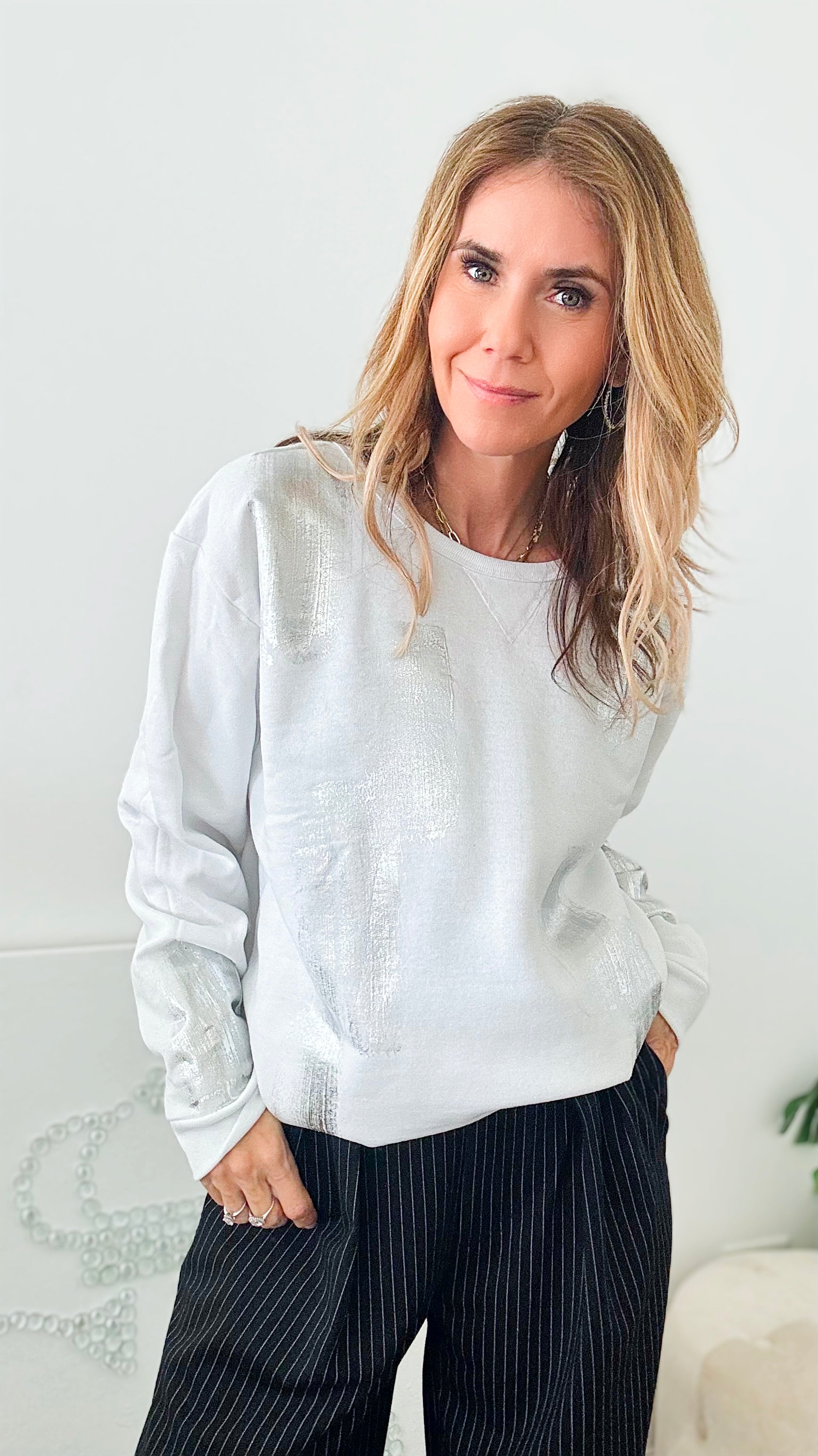 CB Custom Metallic Sweatshirt - White-130 Long Sleeve Tops-Holly-Coastal Bloom Boutique, find the trendiest versions of the popular styles and looks Located in Indialantic, FL