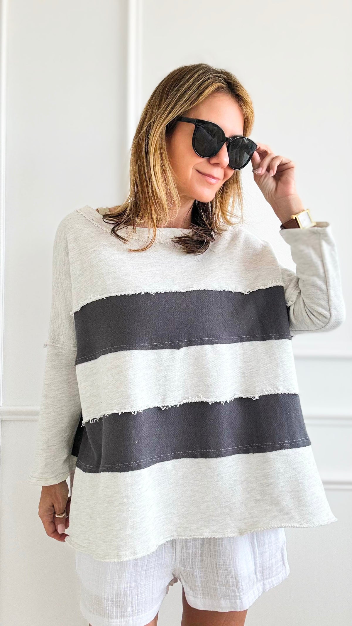 Oversized Striped Contrast Sweatshirt- Grey/Charcoal-140 Sweaters-BucketList-Coastal Bloom Boutique, find the trendiest versions of the popular styles and looks Located in Indialantic, FL