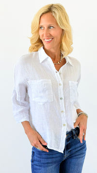 Pure Breeze Linen Italian Button Top- White-110 short Sleeve Top-Italianissimo-Coastal Bloom Boutique, find the trendiest versions of the popular styles and looks Located in Indialantic, FL