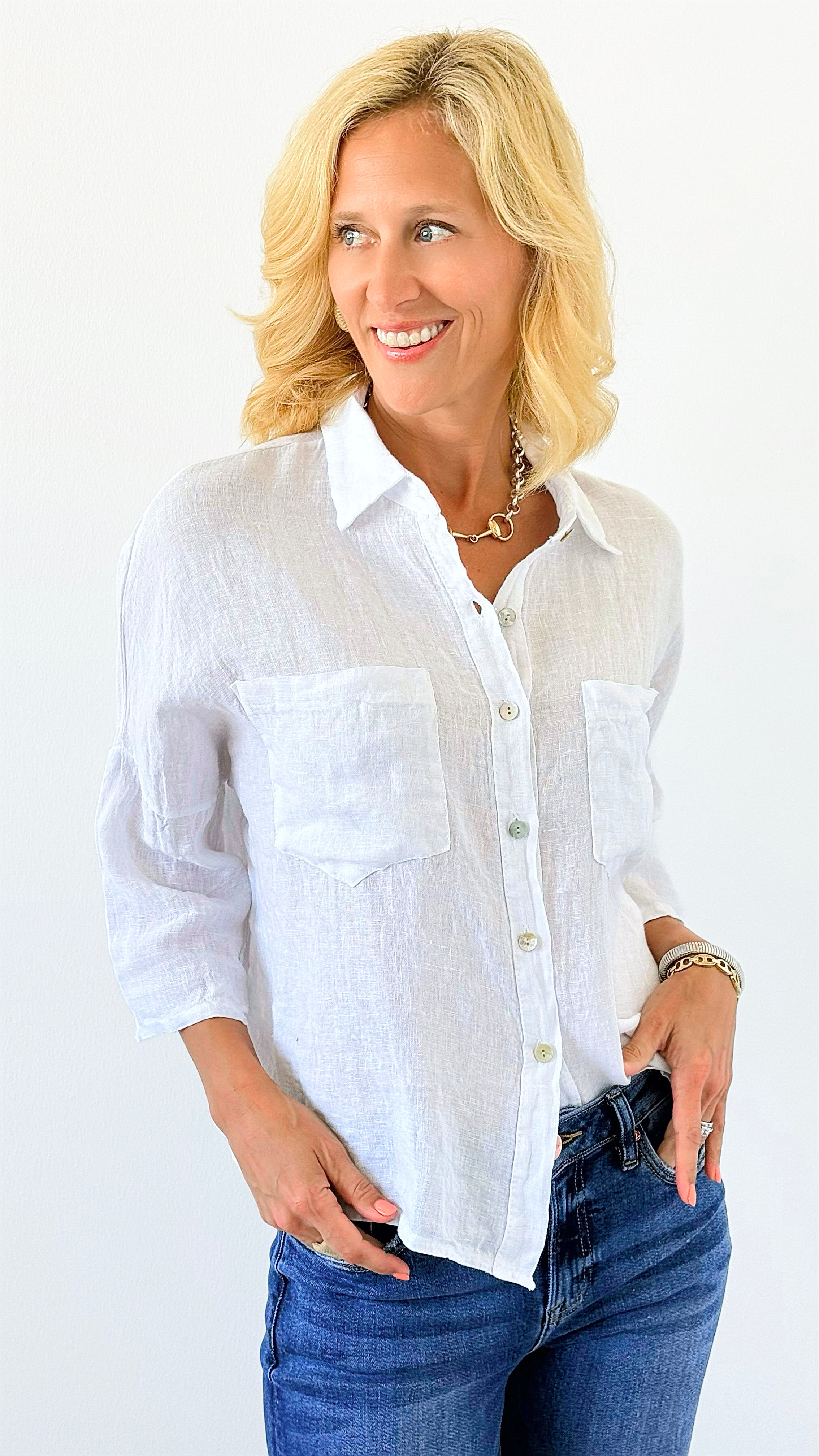 Pure Breeze Linen Italian Button Top- White-110 short Sleeve Top-Italianissimo-Coastal Bloom Boutique, find the trendiest versions of the popular styles and looks Located in Indialantic, FL
