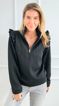Cable Ruffle Half-Zip Knit Top - Black-130 Long Sleeve Tops-Umgee-Coastal Bloom Boutique, find the trendiest versions of the popular styles and looks Located in Indialantic, FL