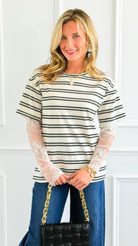 Stripe Contrast Lace Sleeve Italian Top-110 Long Sleeve Tops-Mitica & Co-Coastal Bloom Boutique, find the trendiest versions of the popular styles and looks Located in Indialantic, FL