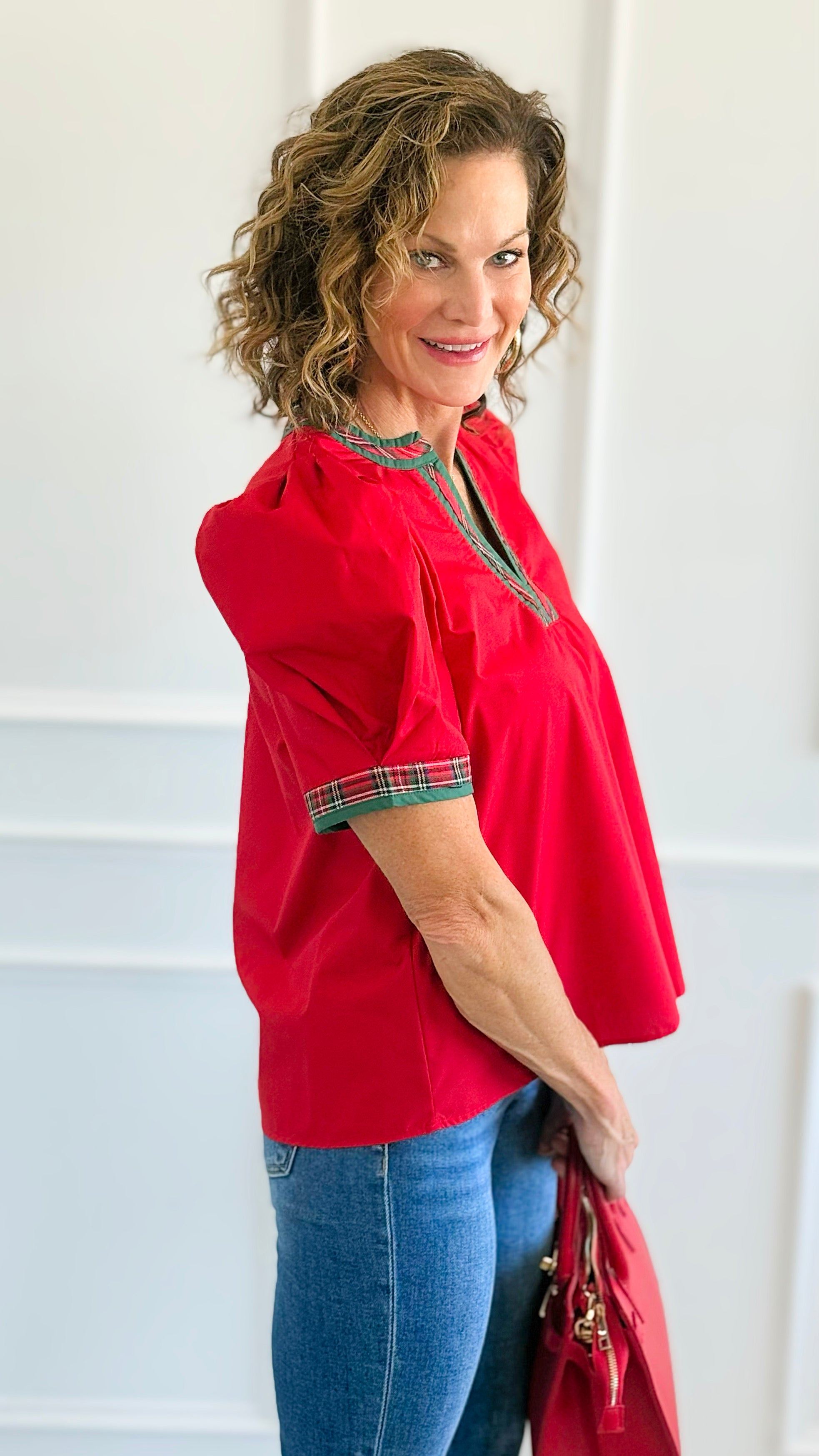Chic Holiday Plaid Trim Blouse - Red-110 Short Sleeve Tops-entro-Coastal Bloom Boutique, find the trendiest versions of the popular styles and looks Located in Indialantic, FL