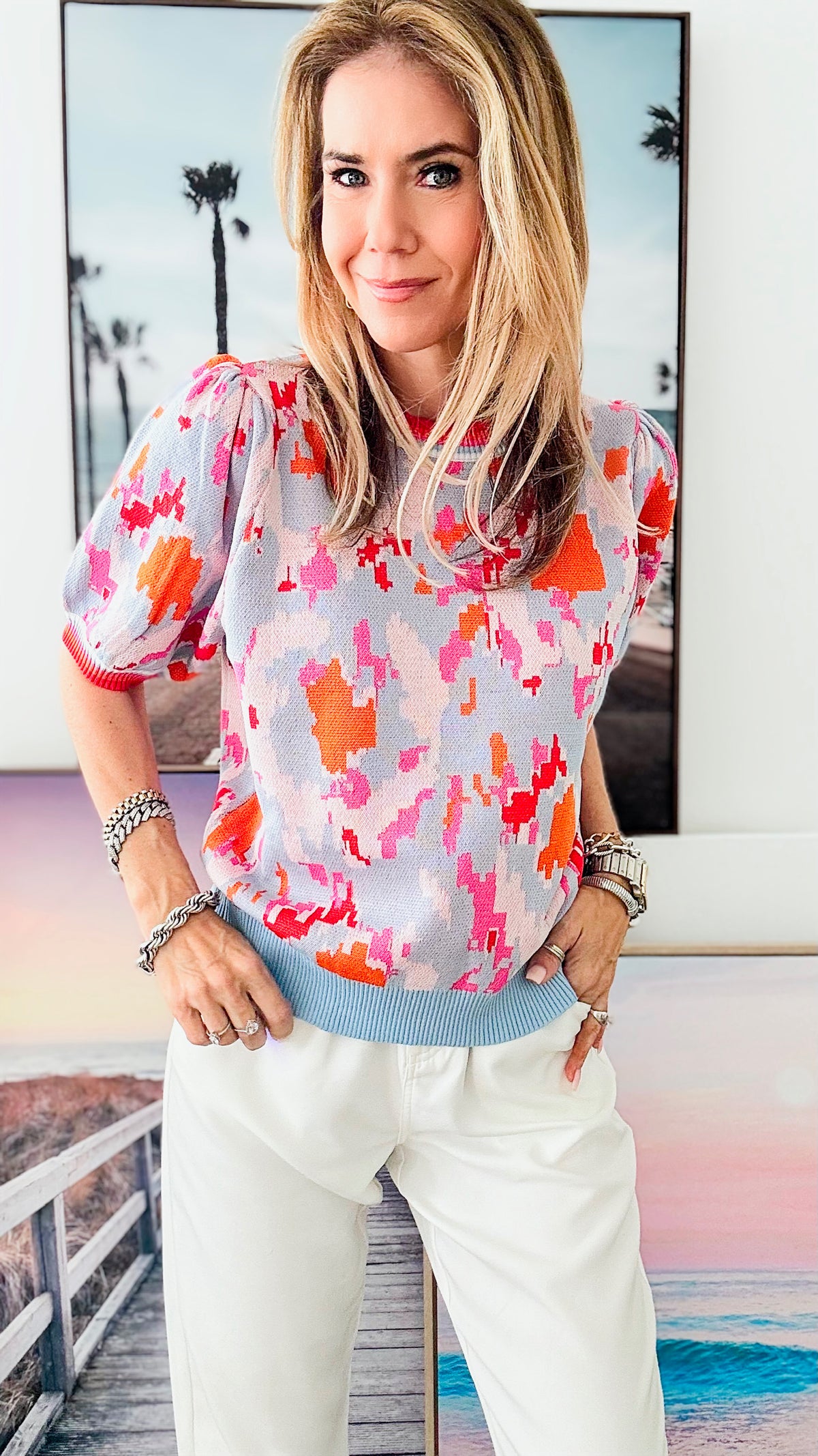 Watercolor Vibrant Bubble Sleeves Knit Top-110 Short Sleeve Tops-Jodifl-Coastal Bloom Boutique, find the trendiest versions of the popular styles and looks Located in Indialantic, FL