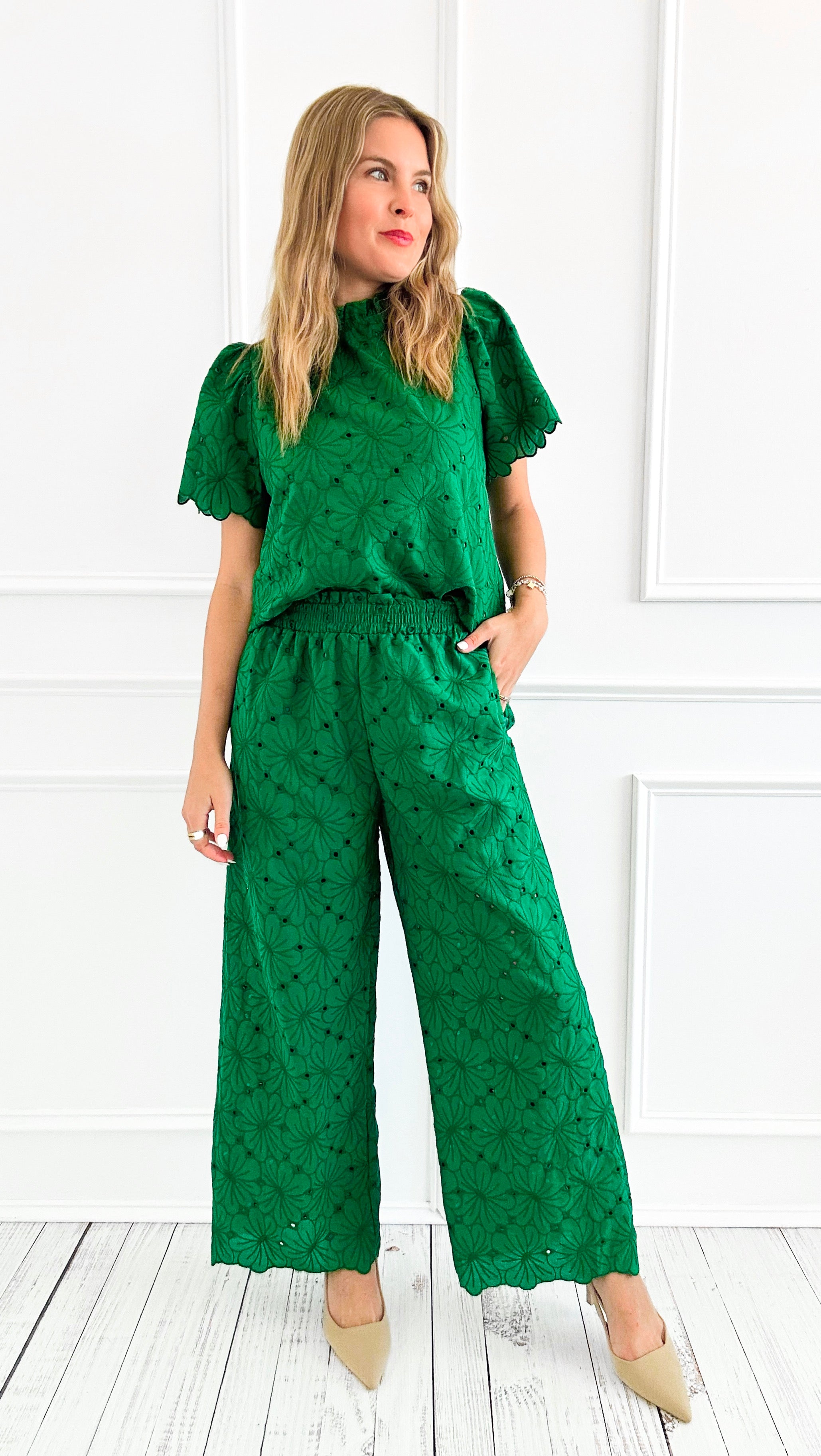 Eyelet Lace Short Sleeve & Pant Set-210 Loungewear/Sets-Fantastic Fawn-Coastal Bloom Boutique, find the trendiest versions of the popular styles and looks Located in Indialantic, FL