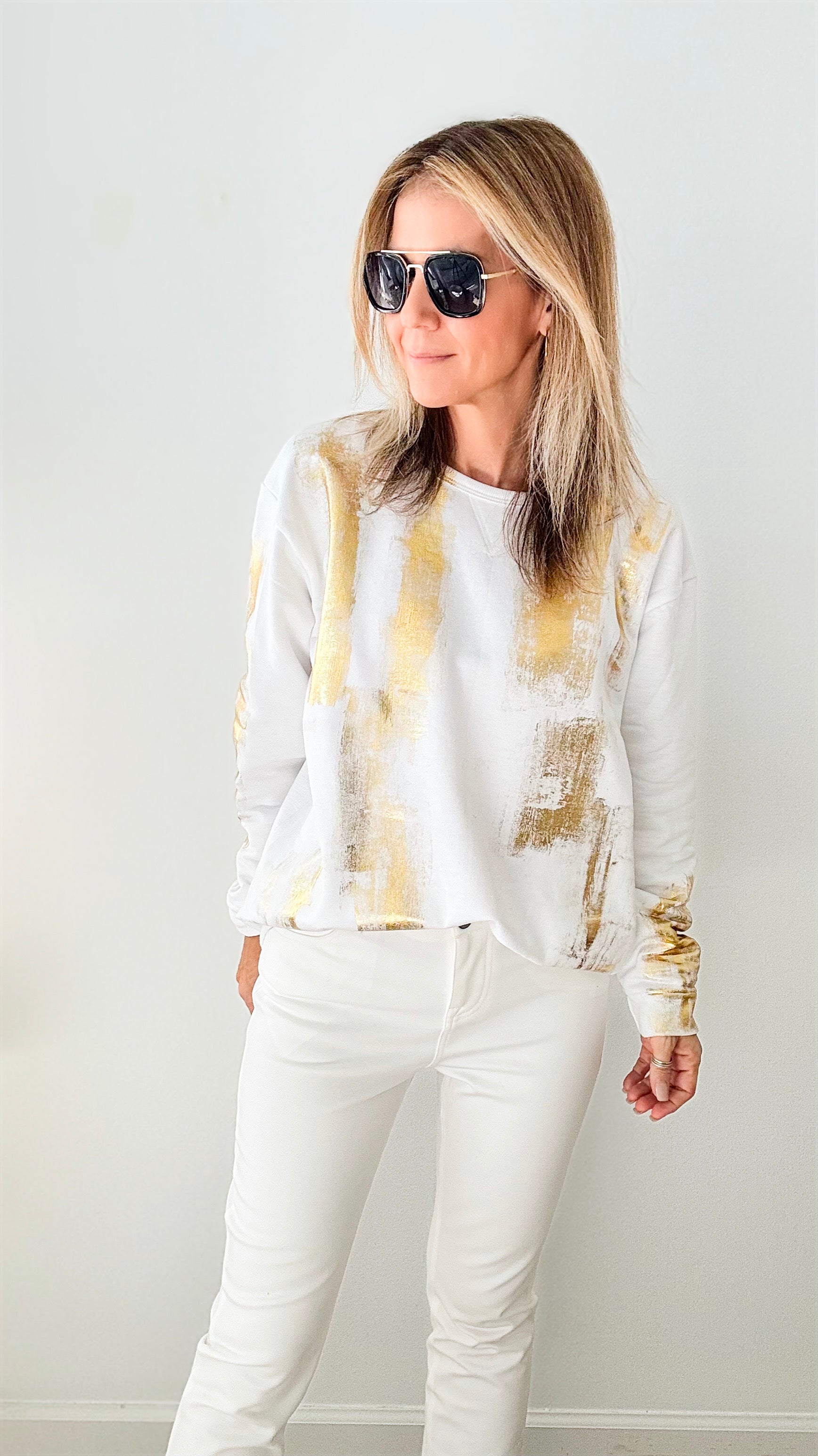 CB Custom Metallic Sweatshirt - White-130 Long Sleeve Tops-Holly-Coastal Bloom Boutique, find the trendiest versions of the popular styles and looks Located in Indialantic, FL