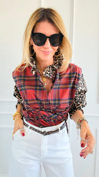 Rebel Ruffled Plaid & Leopard Italian Shirt-110 Long Sleeve Tops-TATTOO Z-Coastal Bloom Boutique, find the trendiest versions of the popular styles and looks Located in Indialantic, FL