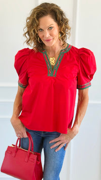 Chic Holiday Plaid Trim Blouse - Red-110 Short Sleeve Tops-entro-Coastal Bloom Boutique, find the trendiest versions of the popular styles and looks Located in Indialantic, FL