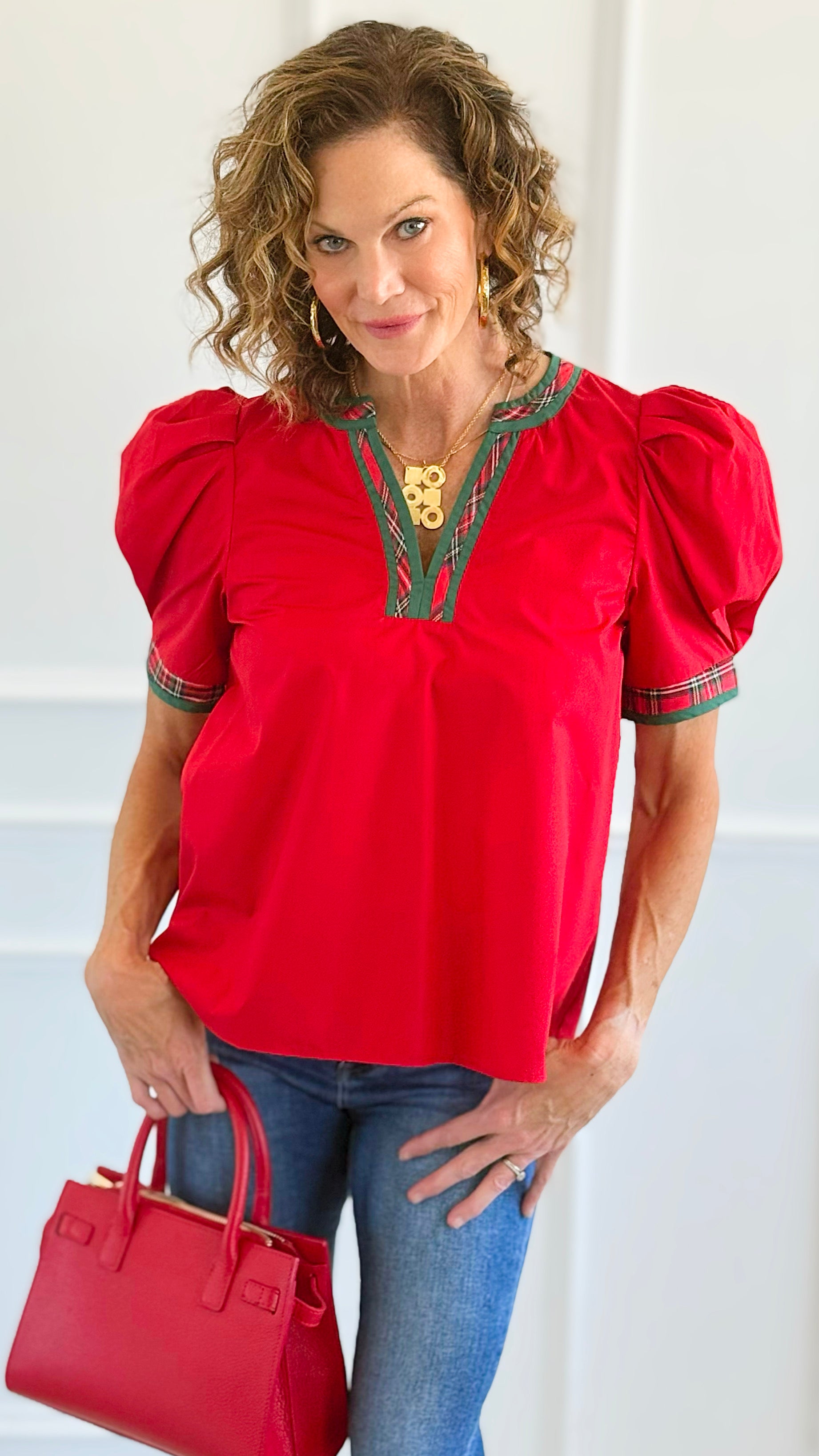 Chic Holiday Plaid Trim Blouse - Red-110 Short Sleeve Tops-entro-Coastal Bloom Boutique, find the trendiest versions of the popular styles and looks Located in Indialantic, FL