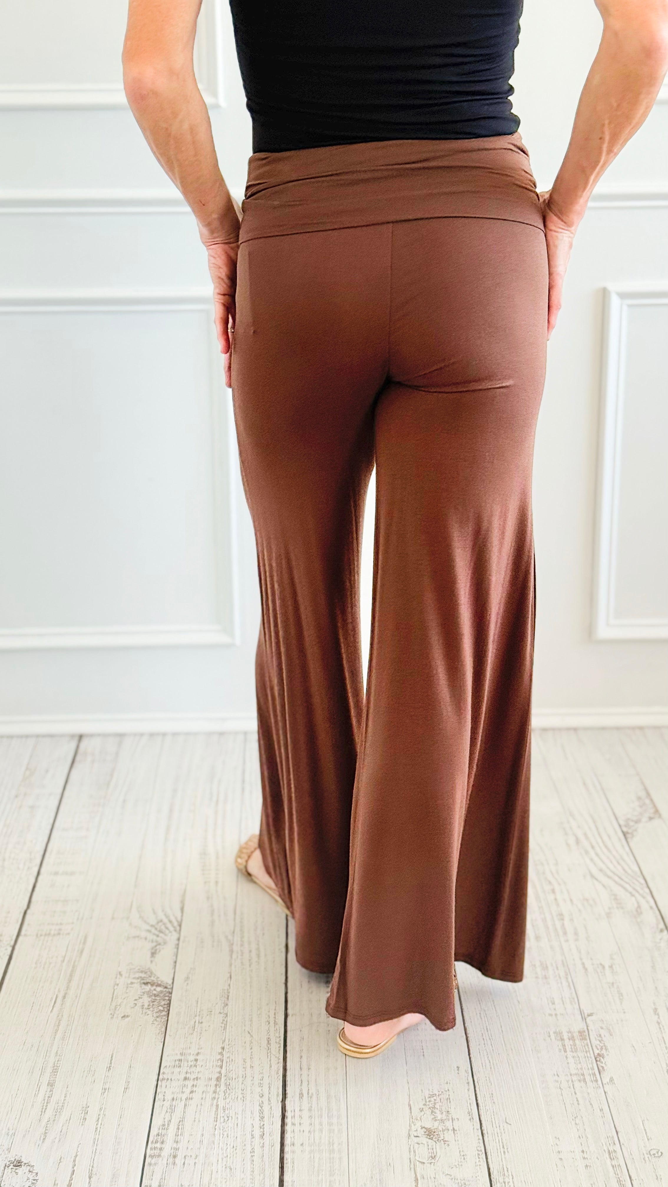 Fold Over Waist Comfy Palazzo Pants-Brown-100 Pants-Zenana-Coastal Bloom Boutique, find the trendiest versions of the popular styles and looks Located in Indialantic, FL