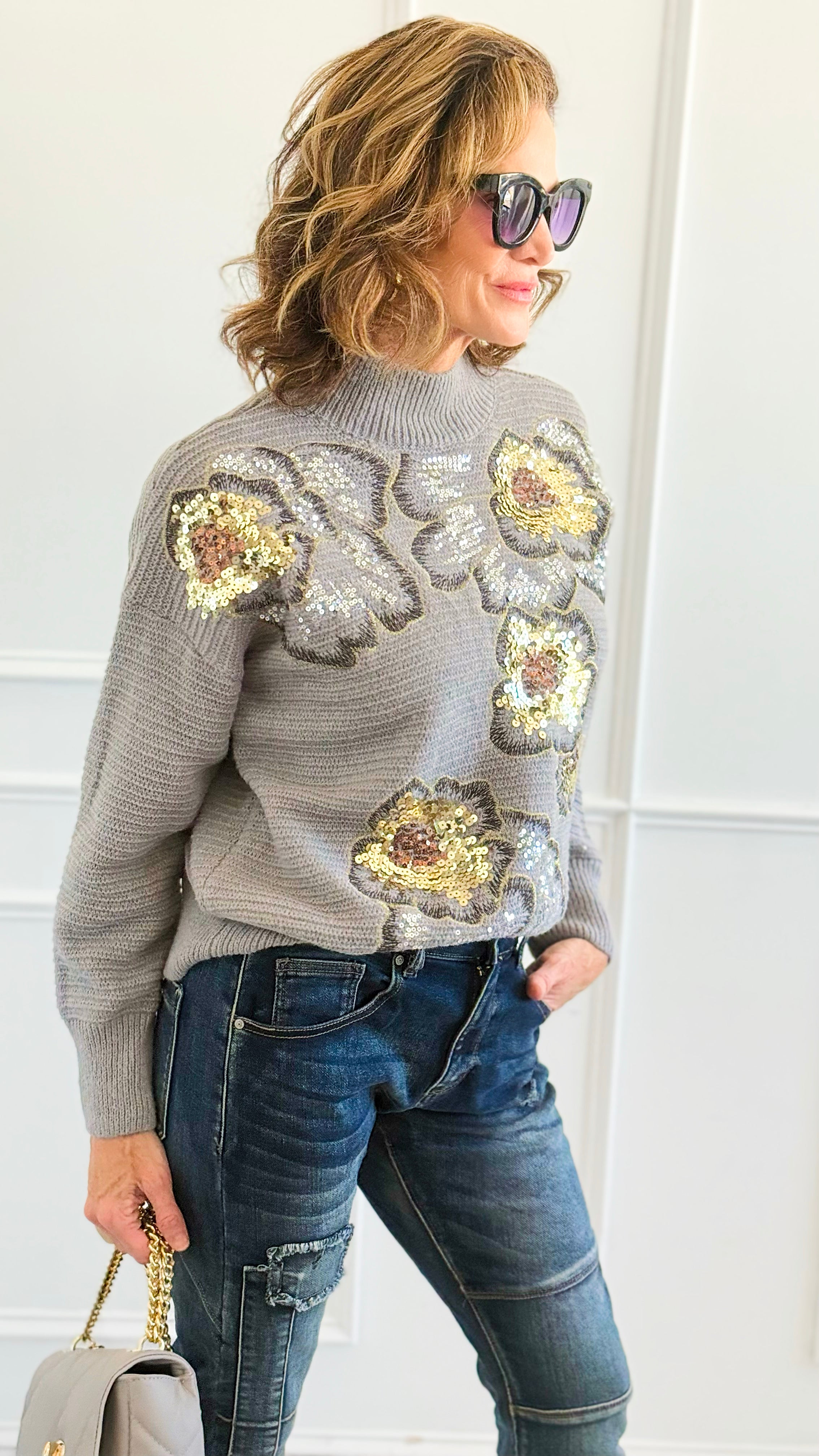 Sequin Blossom Italian Knit Sweater- Grey-140 Sweaters-AZUL MONACO-Coastal Bloom Boutique, find the trendiest versions of the popular styles and looks Located in Indialantic, FL