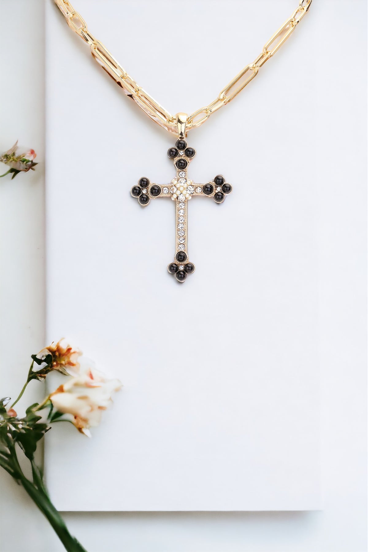 Accented Stone Paved Cross Pendant Necklace - Black-230 Jewelry-Wona-Coastal Bloom Boutique, find the trendiest versions of the popular styles and looks Located in Indialantic, FL