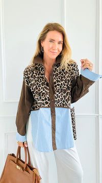 Leopard & Lines Button-Up Italian Blouse-110 Long Sleeve Tops-TATTOO Z-Coastal Bloom Boutique, find the trendiest versions of the popular styles and looks Located in Indialantic, FL