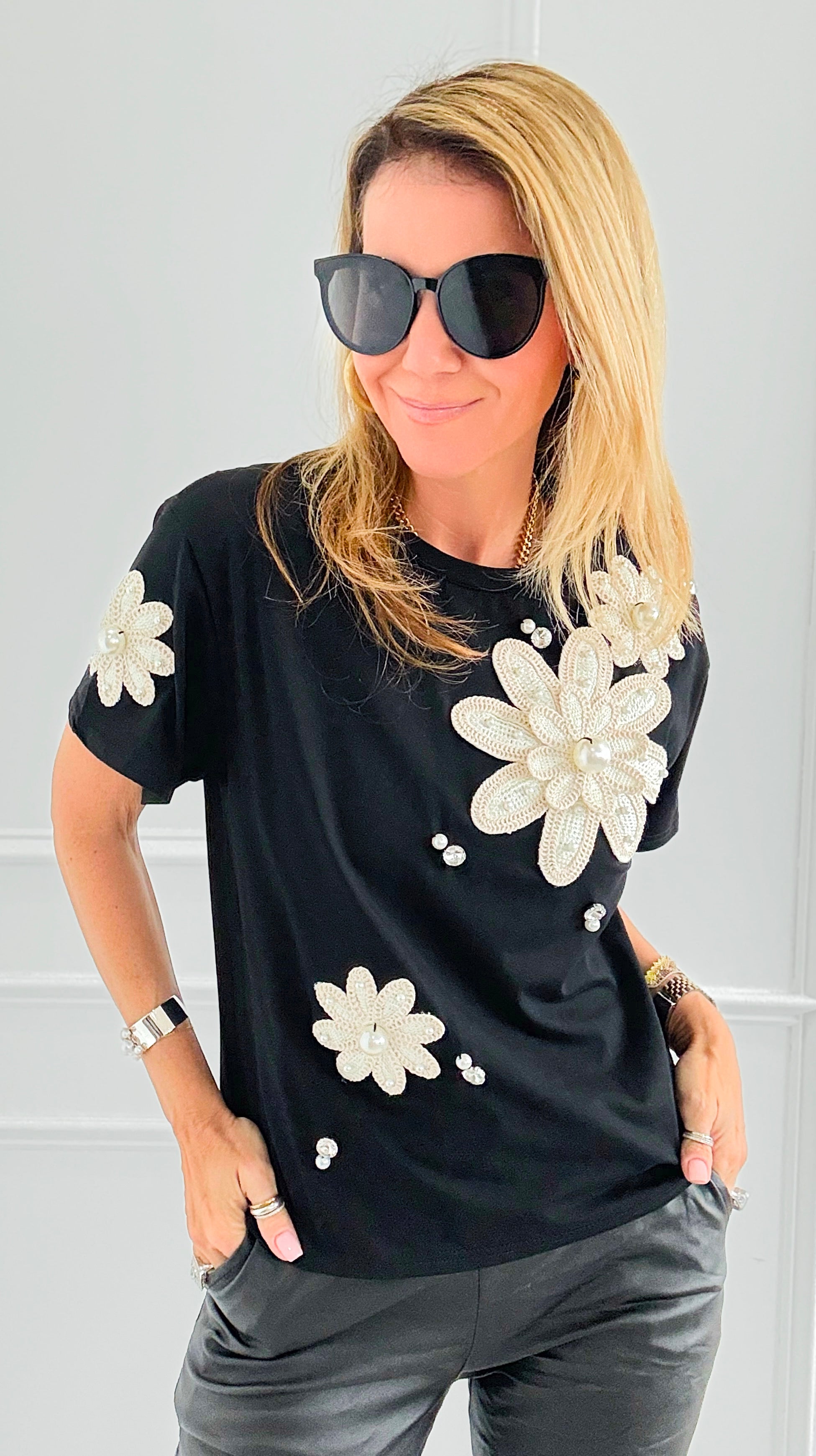 Floral Lace Patch Tee-110 short Sleeve Top-PASTEL DESIGN-Coastal Bloom Boutique, find the trendiest versions of the popular styles and looks Located in Indialantic, FL