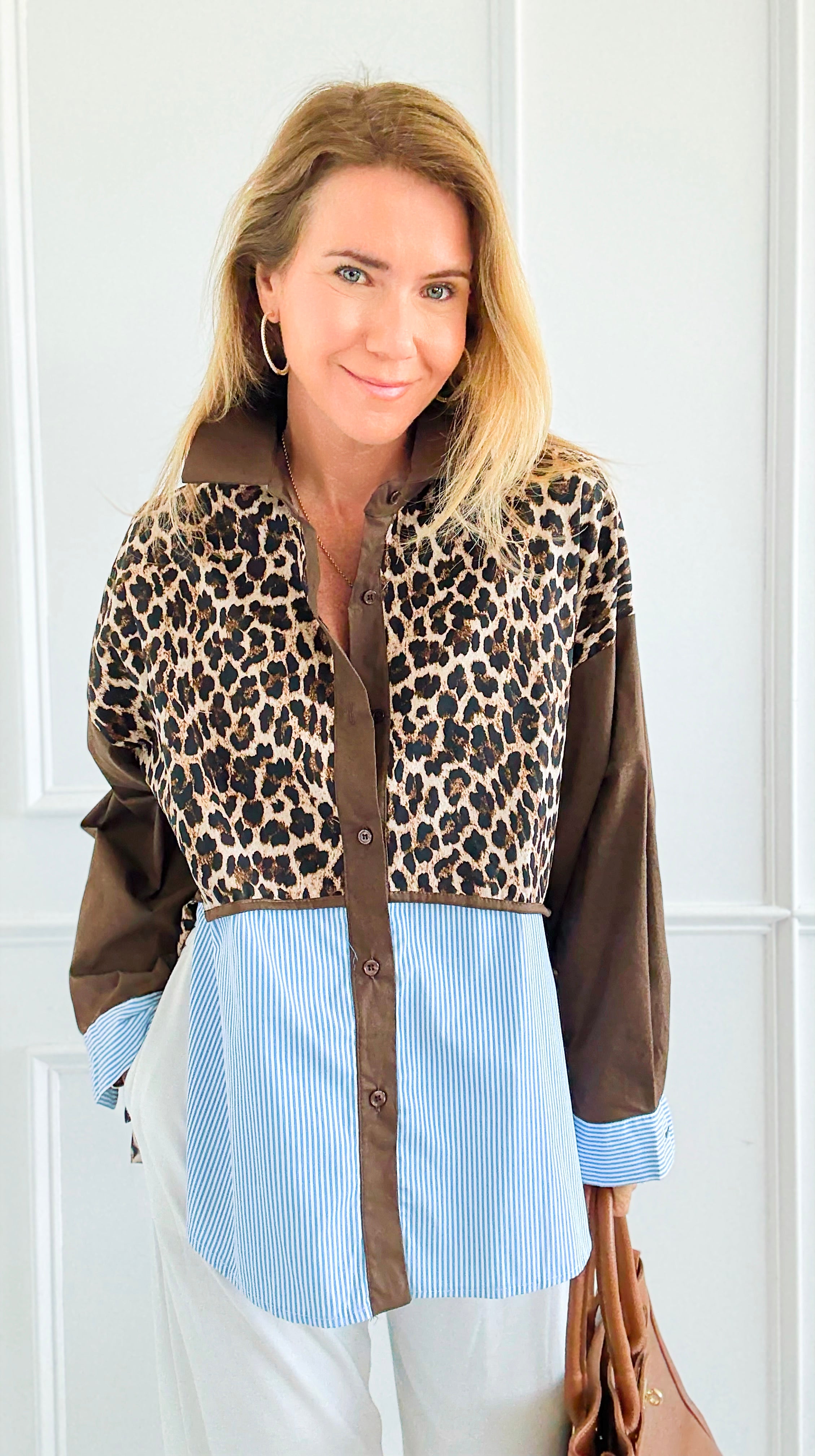 Leopard & Lines Button-Up Italian Blouse-110 Long Sleeve Tops-TATTOO Z-Coastal Bloom Boutique, find the trendiest versions of the popular styles and looks Located in Indialantic, FL