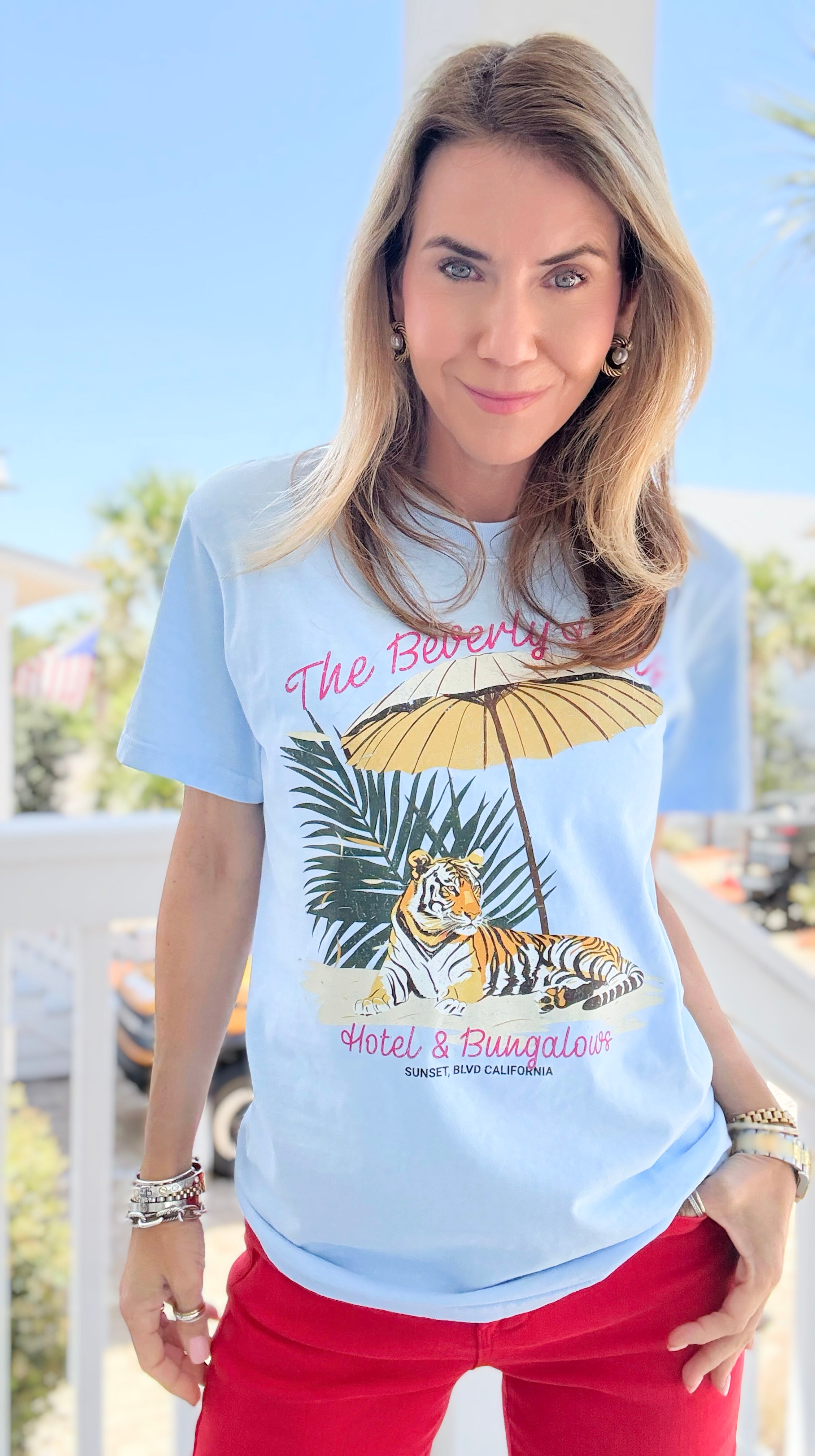 Beverly Hills Hotel T-Shirt-110 short Sleeve Top-FESTIVITEES-Coastal Bloom Boutique, find the trendiest versions of the popular styles and looks Located in Indialantic, FL