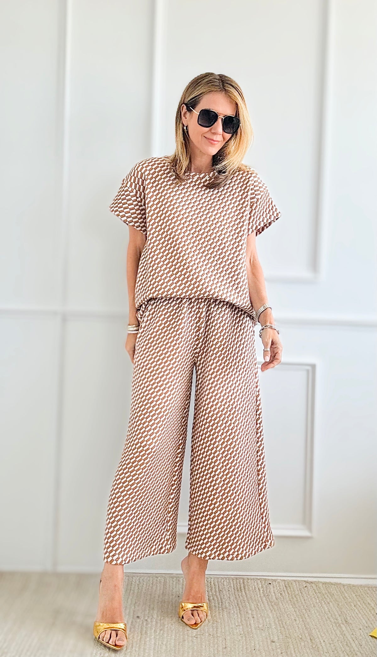 Checkered Textured Cropped Wide Set - Tan-210 Loungewear/sets-See and Be Seen-Coastal Bloom Boutique, find the trendiest versions of the popular styles and looks Located in Indialantic, FL
