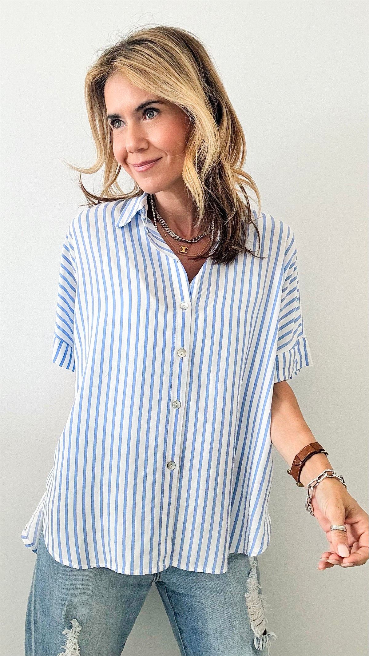 Clean Lines Italian Blouse - Sky Blue-170 Bottoms-Germany-Coastal Bloom Boutique, find the trendiest versions of the popular styles and looks Located in Indialantic, FL