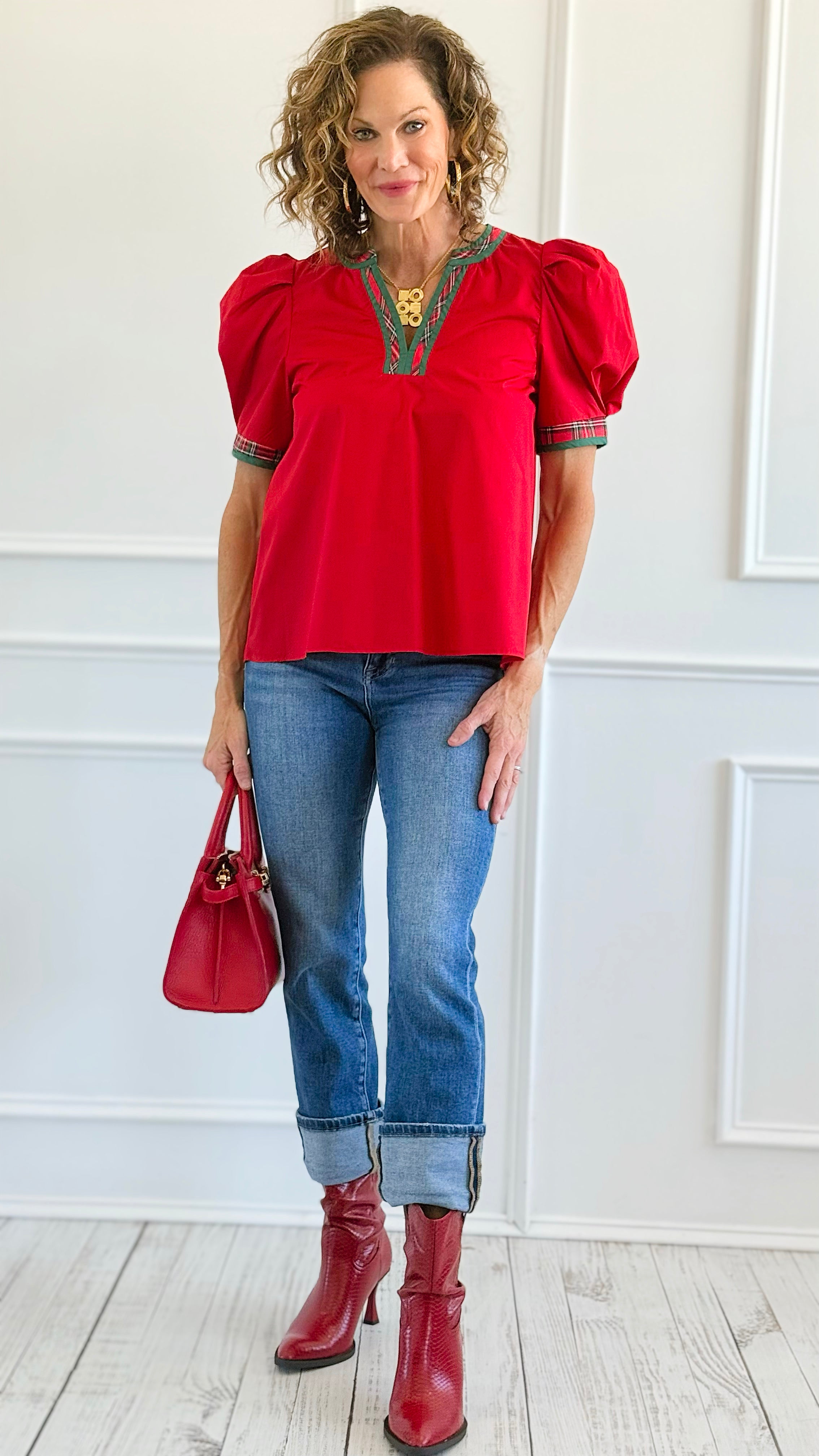 Chic Holiday Plaid Trim Blouse - Red-110 Short Sleeve Tops-entro-Coastal Bloom Boutique, find the trendiest versions of the popular styles and looks Located in Indialantic, FL