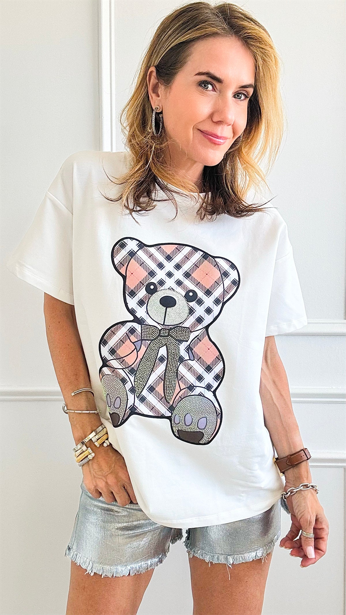 Plaid Teddy Relaxed T-Shirt - White-110 Short Sleeve Tops-in2you-Coastal Bloom Boutique, find the trendiest versions of the popular styles and looks Located in Indialantic, FL