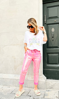 Shine-On Glistening Italian Joggers - Fuchsia/ Silver-180 Joggers-Italianissimo-Coastal Bloom Boutique, find the trendiest versions of the popular styles and looks Located in Indialantic, FL