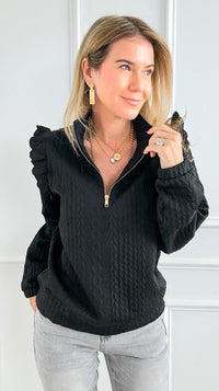 Cable Ruffle Half-Zip Knit Top - Black-130 Long Sleeve Tops-Umgee-Coastal Bloom Boutique, find the trendiest versions of the popular styles and looks Located in Indialantic, FL