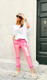 Shine-On Glistening Italian Joggers - Fuchsia/ Silver-180 Joggers-Italianissimo-Coastal Bloom Boutique, find the trendiest versions of the popular styles and looks Located in Indialantic, FL