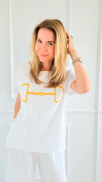 Chic Equestrian Italian Graphic tee- White/Gold-110 Short Sleeve Tops-Italianissimo-Coastal Bloom Boutique, find the trendiest versions of the popular styles and looks Located in Indialantic, FL
