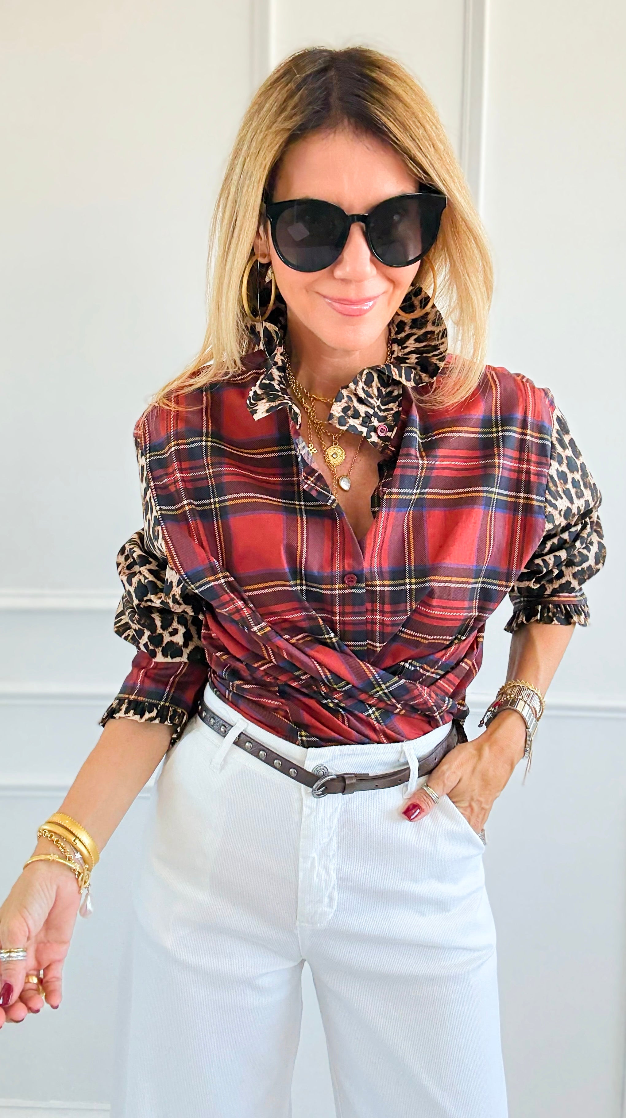 Rebel Ruffled Plaid & Leopard Italian Shirt-110 Long Sleeve Tops-TATTOO Z-Coastal Bloom Boutique, find the trendiest versions of the popular styles and looks Located in Indialantic, FL