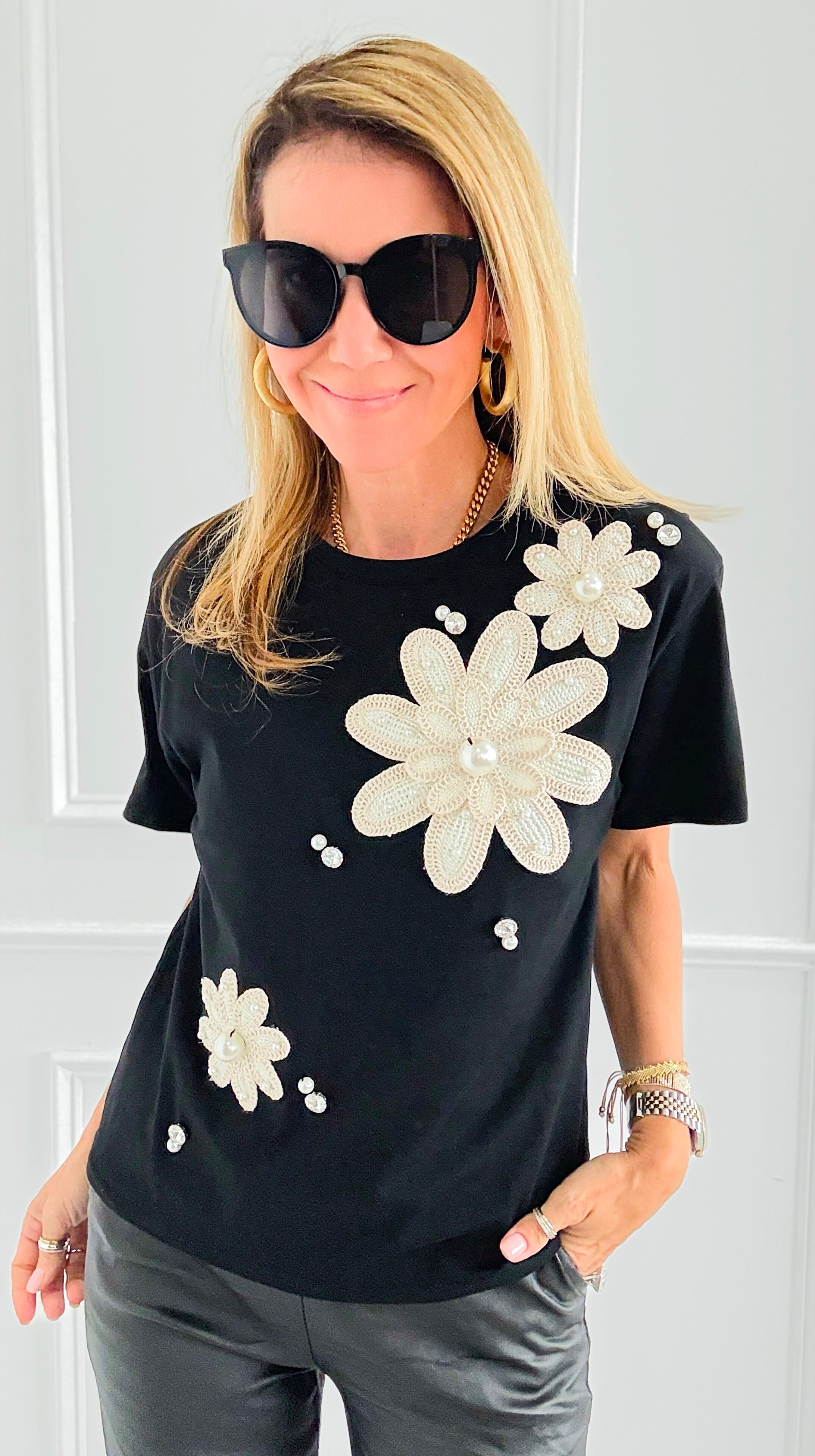 Floral Lace Patch Tee-110 short Sleeve Top-PASTEL DESIGN-Coastal Bloom Boutique, find the trendiest versions of the popular styles and looks Located in Indialantic, FL