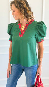 Chic Holiday Plaid Trim Blouse - Green-110 Short Sleeve Tops-entro-Coastal Bloom Boutique, find the trendiest versions of the popular styles and looks Located in Indialantic, FL
