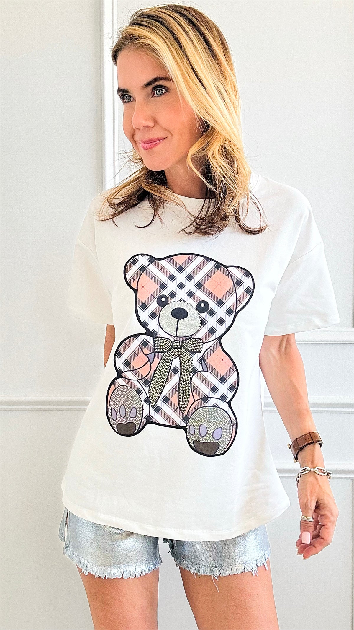 Plaid Teddy Relaxed T-Shirt - White-110 Short Sleeve Tops-in2you-Coastal Bloom Boutique, find the trendiest versions of the popular styles and looks Located in Indialantic, FL