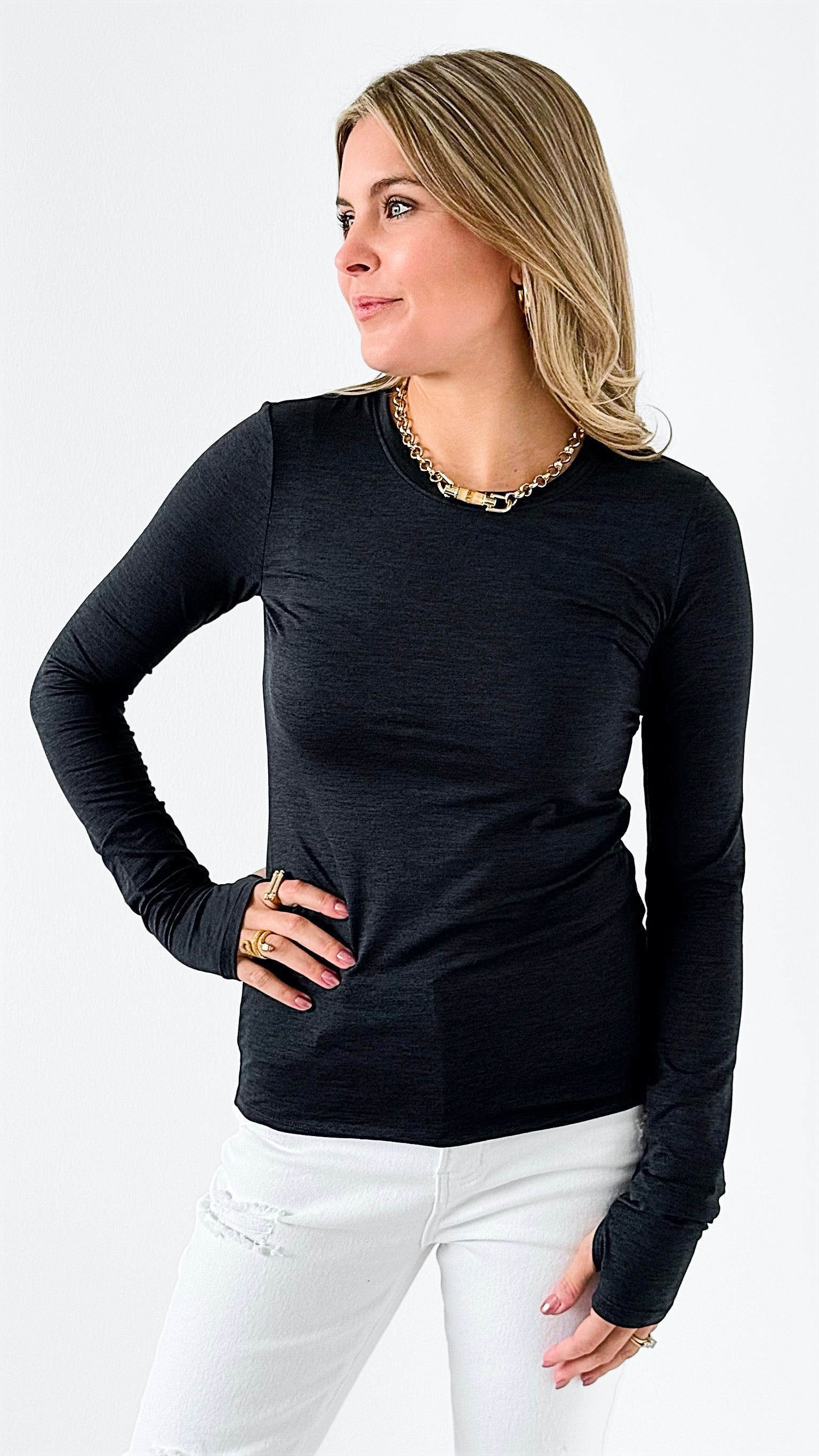 Essential Brushed Thumbpocket Tee- Charcoal-110 Long Sleeve Tops-Mono B-Coastal Bloom Boutique, find the trendiest versions of the popular styles and looks Located in Indialantic, FL
