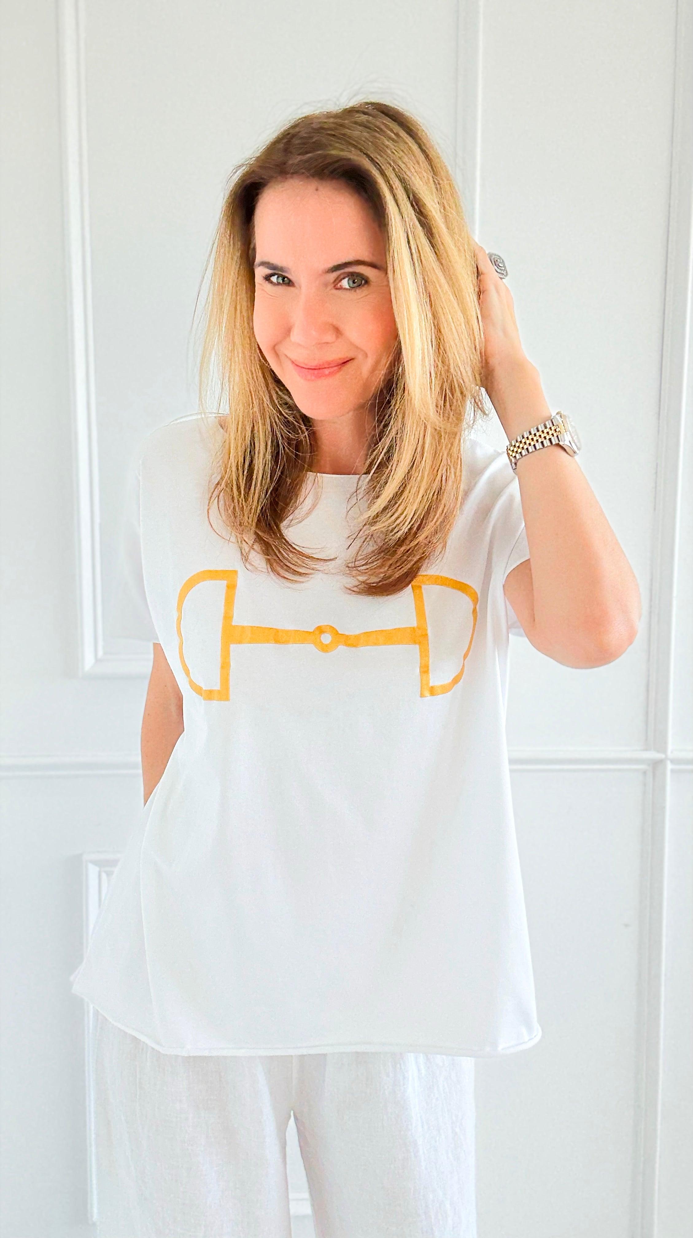 Chic Equestrian Italian Graphic tee- White/Gold-110 Short Sleeve Tops-Italianissimo-Coastal Bloom Boutique, find the trendiest versions of the popular styles and looks Located in Indialantic, FL