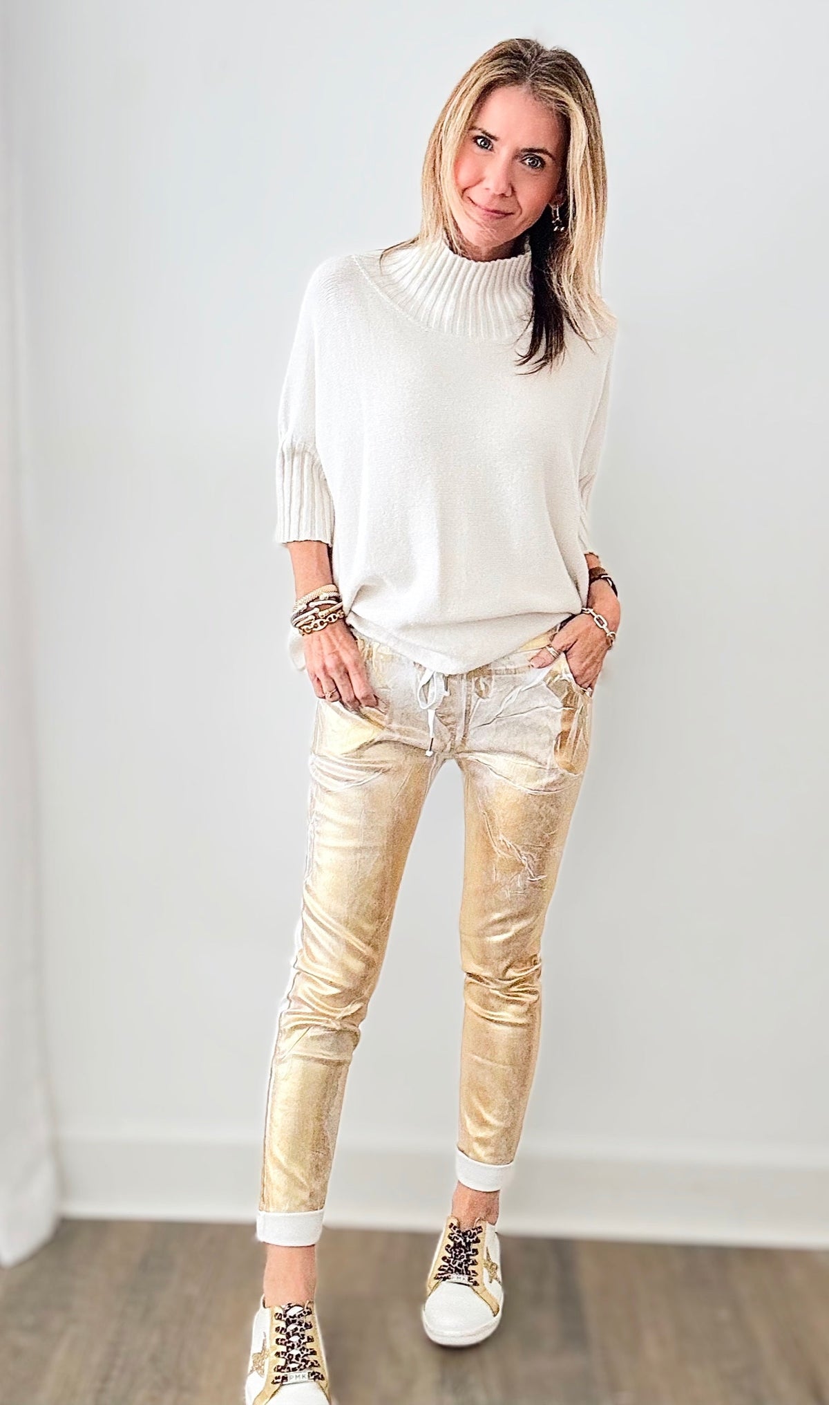 Glistening Gold Foil Italian Joggers - Off White-180 Joggers-moda italia-Coastal Bloom Boutique, find the trendiest versions of the popular styles and looks Located in Indialantic, FL