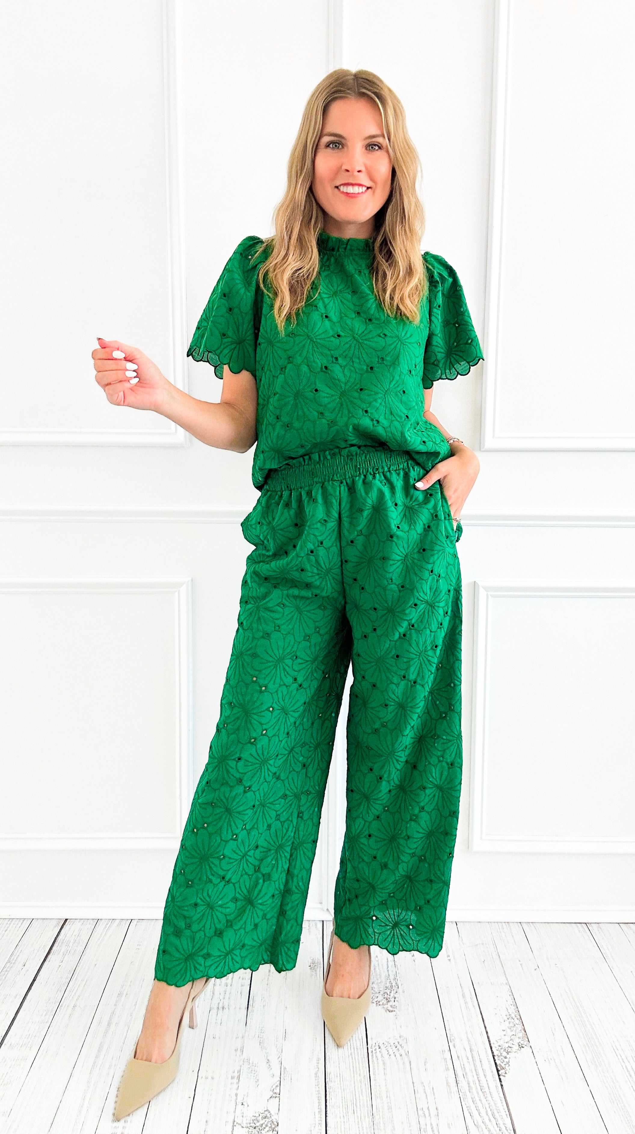 Eyelet Lace Short Sleeve & Pant Set-210 Loungewear/Sets-Fantastic Fawn-Coastal Bloom Boutique, find the trendiest versions of the popular styles and looks Located in Indialantic, FL